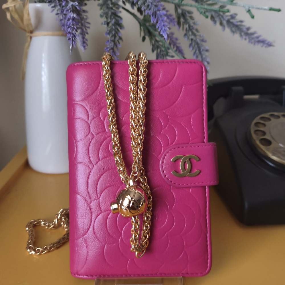 CHANEL Pink Camellia Embossed Compact Wallet W Chain 2010